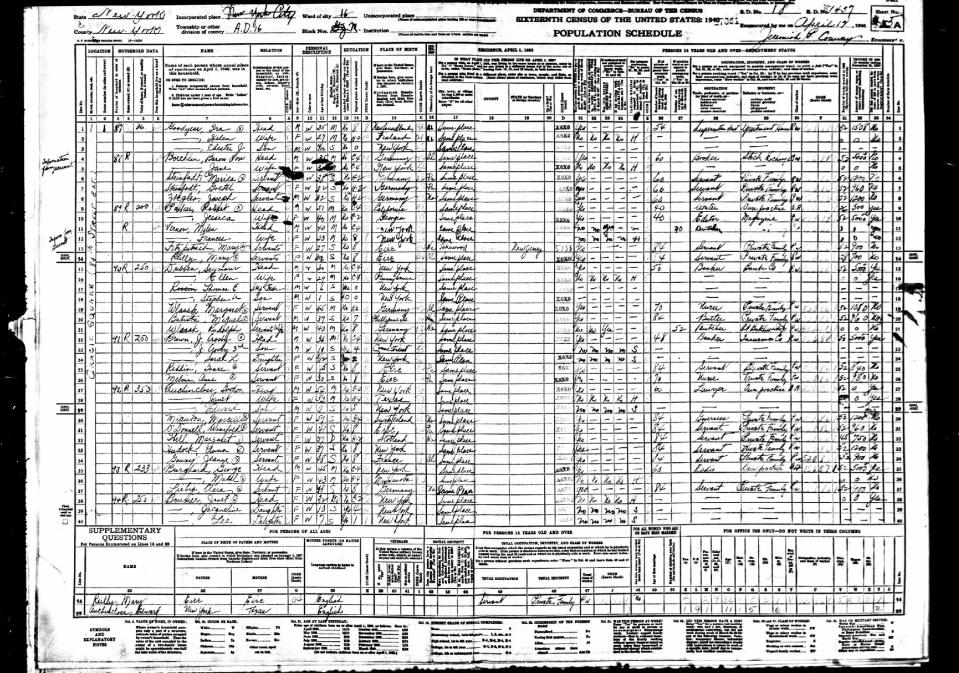 This image taken from microfilm and provided by Ancestry.com shows a 1940 U.S. Census ledger page that includes an entry for Jacqueline Bouvier. Boubier, who became Jacqueline Kennedy when she married John F. Kennedy is one of the many notable New Yorkers whose name will come up electronically if searched on the Internet when the 1940 U.S. Census becomes searchable by family names at midnight, Wednesday, June 5, 2012. (AP Photo/Ancestry.com)