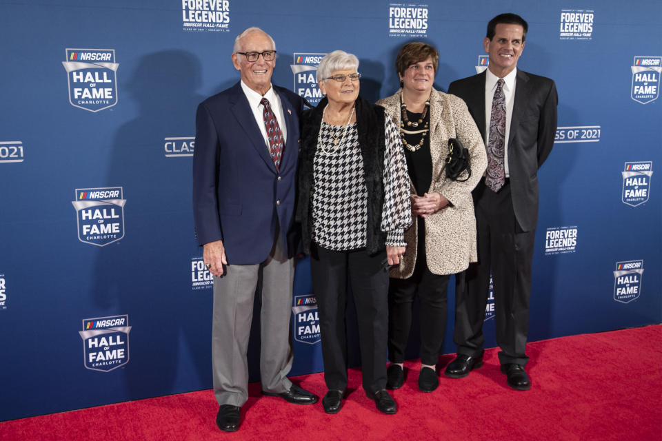 NASCAR Hall of Fame member Dale Inman, left, poses for photos prior to the induction ceremony Friday, Jan. 21, 2022, in Charlotte, N.C. (AP Photo/Matt Kelley)