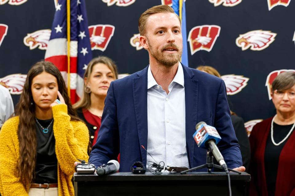 Ryan Walters speaks at an April 26 roundtable at the Warner Public School Event Center in Warner.