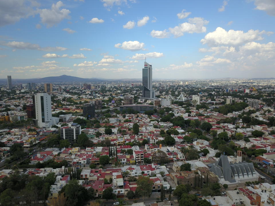 Aerial view in the city of Guadalajara in the Chapalita neighborhood, you can see the Matute Remus bridge and the Riu hotel