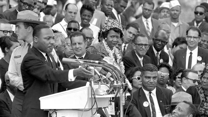 The Rev. Dr. Martin Luther King Jr., head of the Southern Christian Leadership Conference, speaks to thousands during his “I Have a Dream” speech in front of the Lincoln Memorial for the March on Washington for Jobs and Freedom in Washington on Aug. 28, 1963.