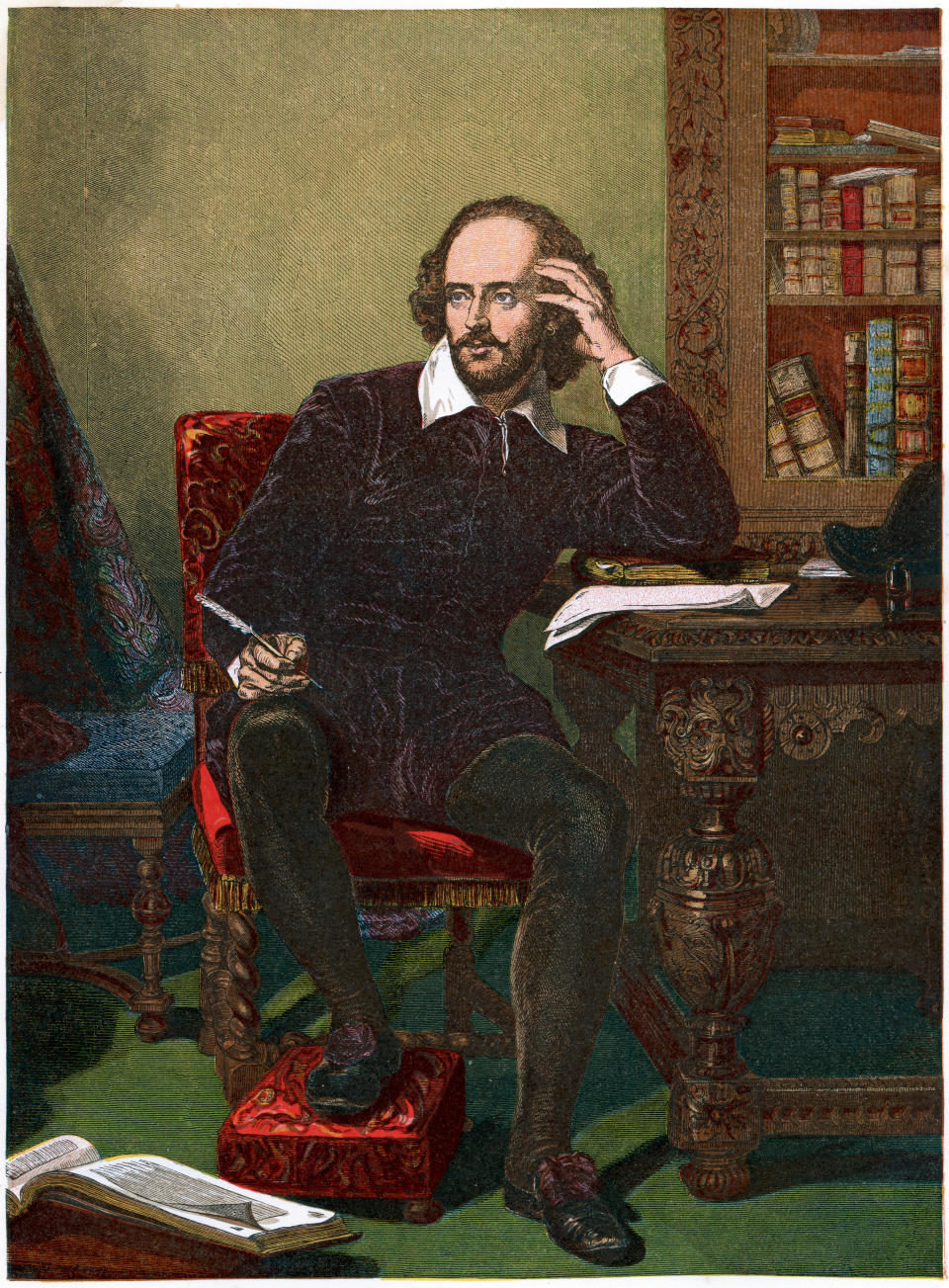 Vintage colour lithograph from 1853 of William Shakespeare, an English poet and playwright, widely regarded as the greatest writer in the English language and the world's pre-eminent dramatist.