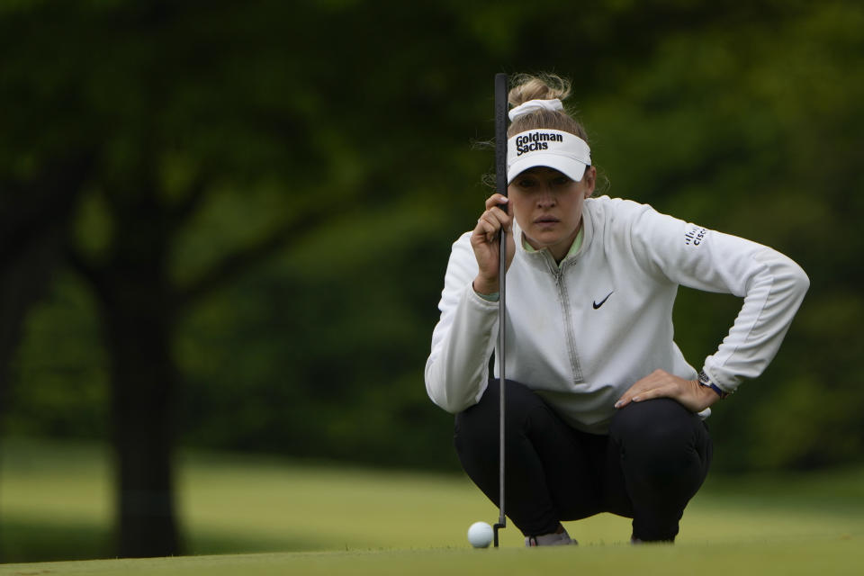 Nelly Korda lines up a shot on the seventh green during the final round of the LPGA Cognizant Founders Cup golf tournament, Sunday, May 12, 2024, in Clifton, N.J. (AP Photo/Seth Wenig)