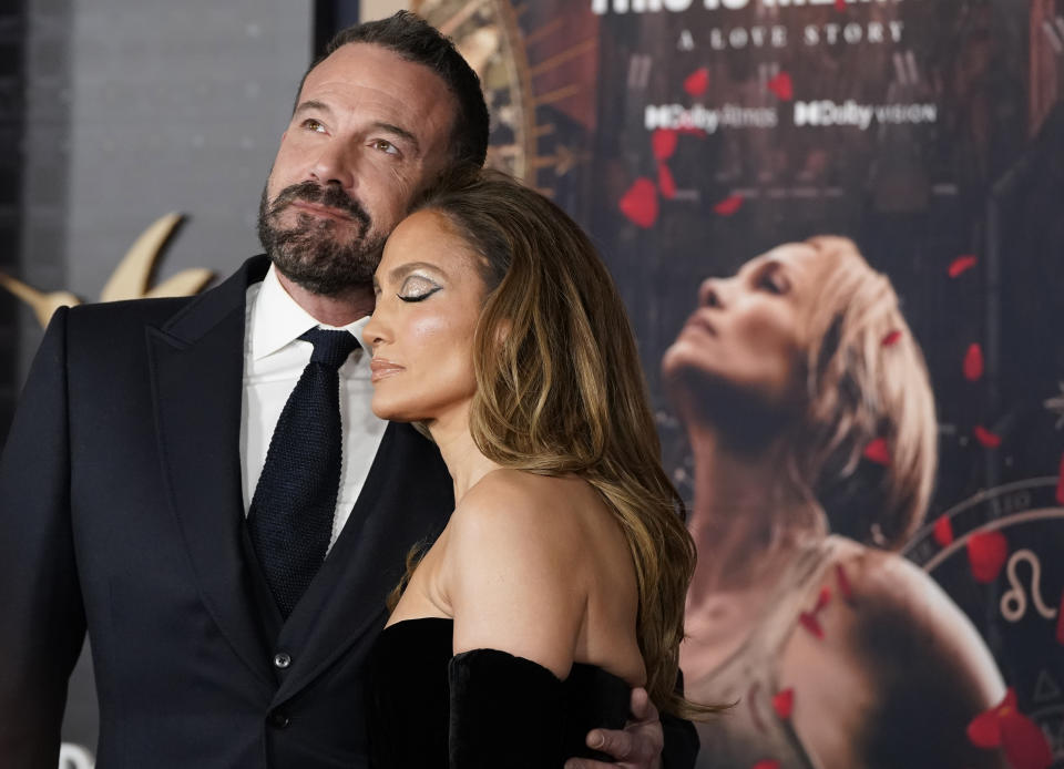 Ben Affleck, left, and Jennifer Lopez arrive at the premiere of "This Is Me... Now: A Love Story" on Tuesday, Feb. 13, 2024, at the Dolby Theatre in Los Angeles. (Photo by Jordan Strauss/Invision/AP)