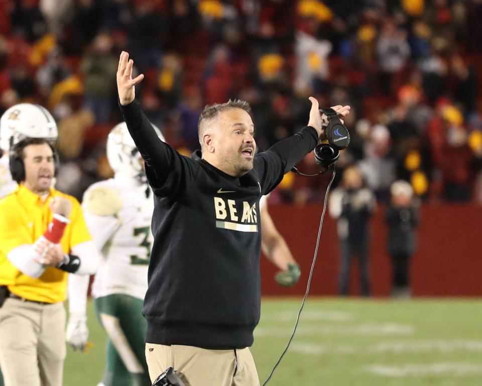 Baylor coach Matt Rhule beseeches officials during a Nov. 10, 2018 game between the Bears and Iowa State in Ames, Iowa. Texas Tech's Joey McGuire, a Baylor assistant at the time, said it was the coldest game in which he's coached.