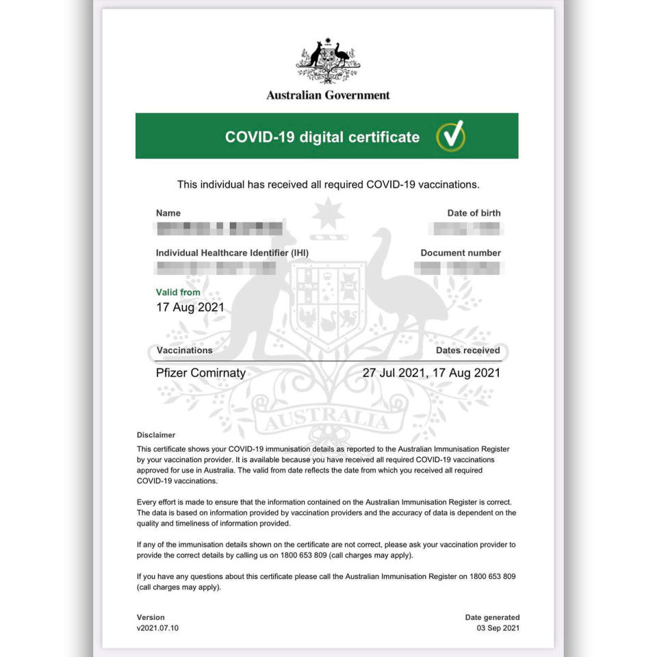 An example of the A4 Covid-19 digital certificate from the Australian Government.