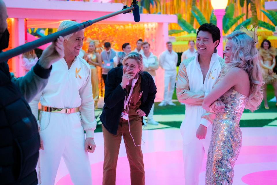 Ryan Gosling, Greta Gerwig, Simu Liu, and Margot Robbie on the set of 'Barbie.'