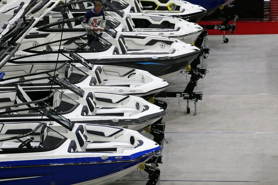 Boats moved into Duke Energy Convention Center in preparation for "The Boat Show" in 2020.