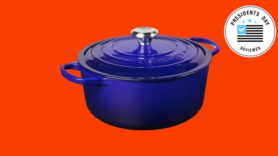 This Le Creuset dutch oven is one of many pieces of sturdy cookware on sale at Amazon for Presidents Day.