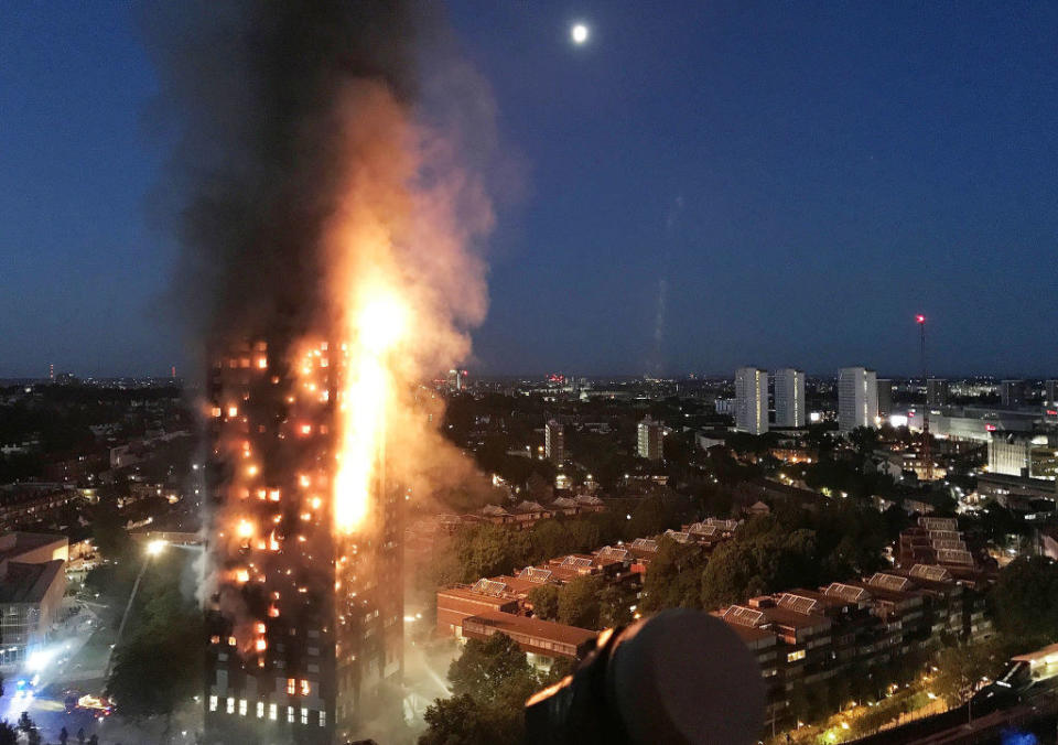 The apartment building burning