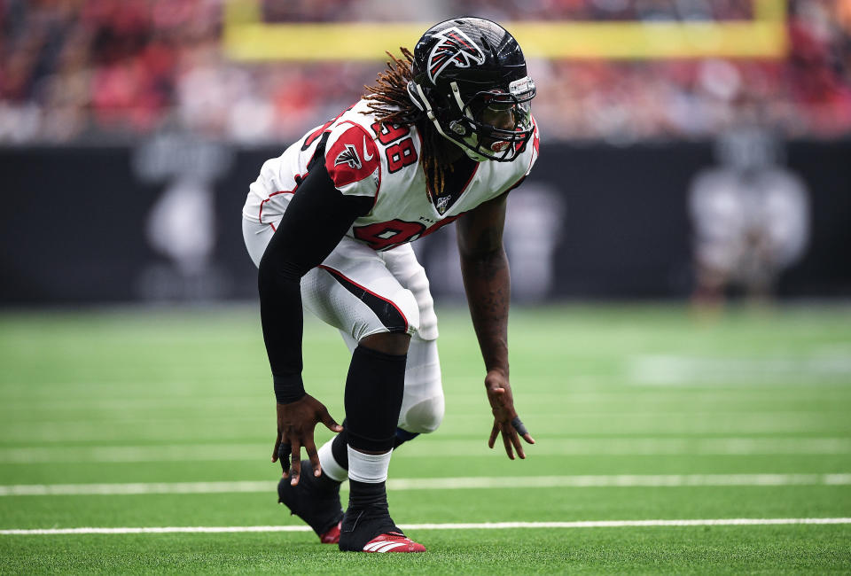 HOUSTON, TEXAS - OCTOBER 06: Takk McKinley #98 of the Atlanta Falcons in action in the fourth quarter against the Houston Texans at NRG Stadium on October 06, 2019 in Houston, Texas. (Photo by Mark Brown/Getty Images)