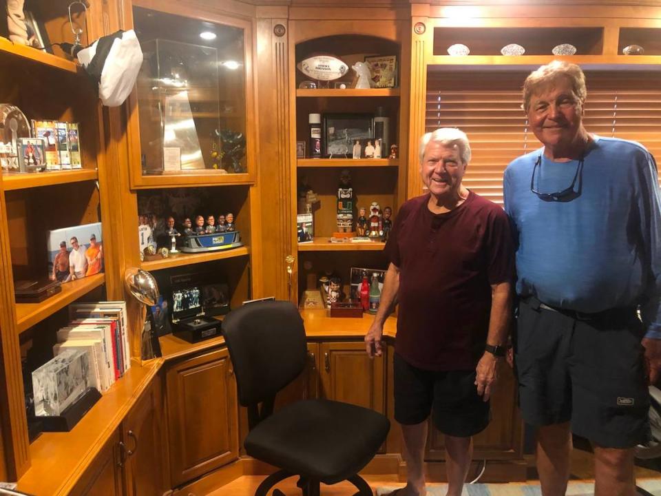 Gus Gustafson, right, with legendary football coach Jimmy Johnson at his home in the Florida Keys.