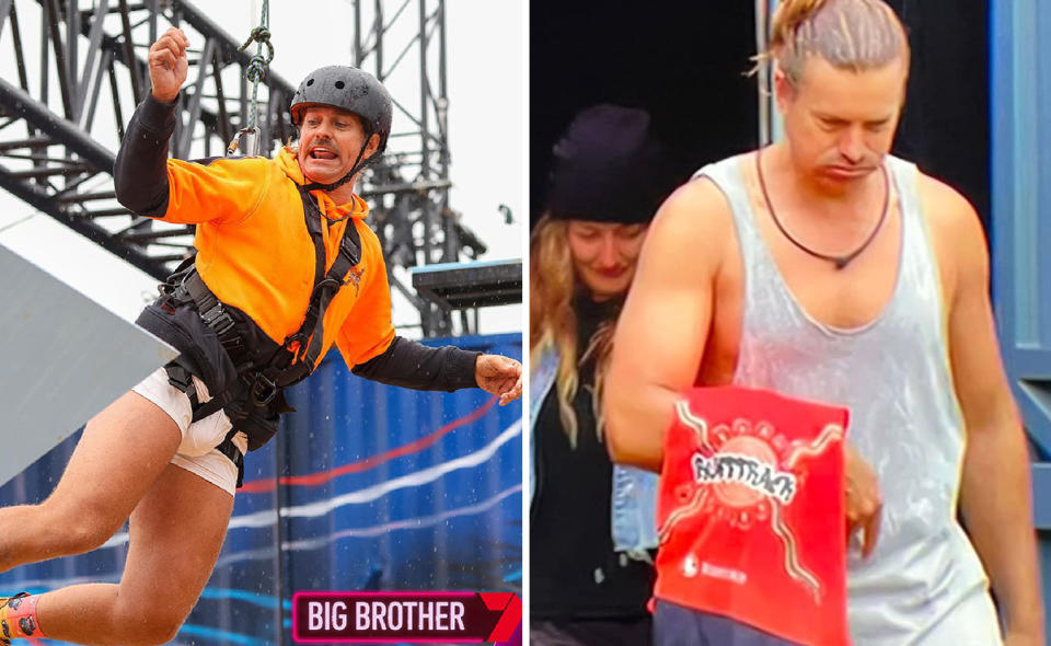 Left: Dave competes in a second chance challenge and is in mid-air. Right, Dave walks into a challenge holding a RuffTrack scarf.