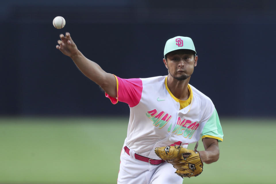 San Diego Padres' Yu Darvish pitches to an Arizona Diamondbacks' batter during the first inning of a baseball game Friday, July 15, 2022, in San Diego. (AP Photo/Derrick Tuskan)