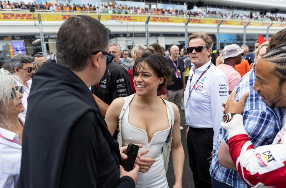 American actress Michelle Rodriguez is seen at the grid before the start of the Formula One Miami Grand Prix at the Miami International Autodrome on Sunday, May 7, 2023, in Miami Gardens, Fla.