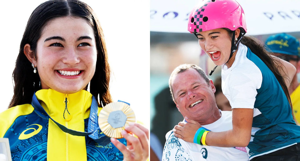 Arisa True e il suo allenatore Trevor Ward celebrano la storica medaglia d'oro vinta dall'Australia ai Giochi Olimpici. Foto: Getty