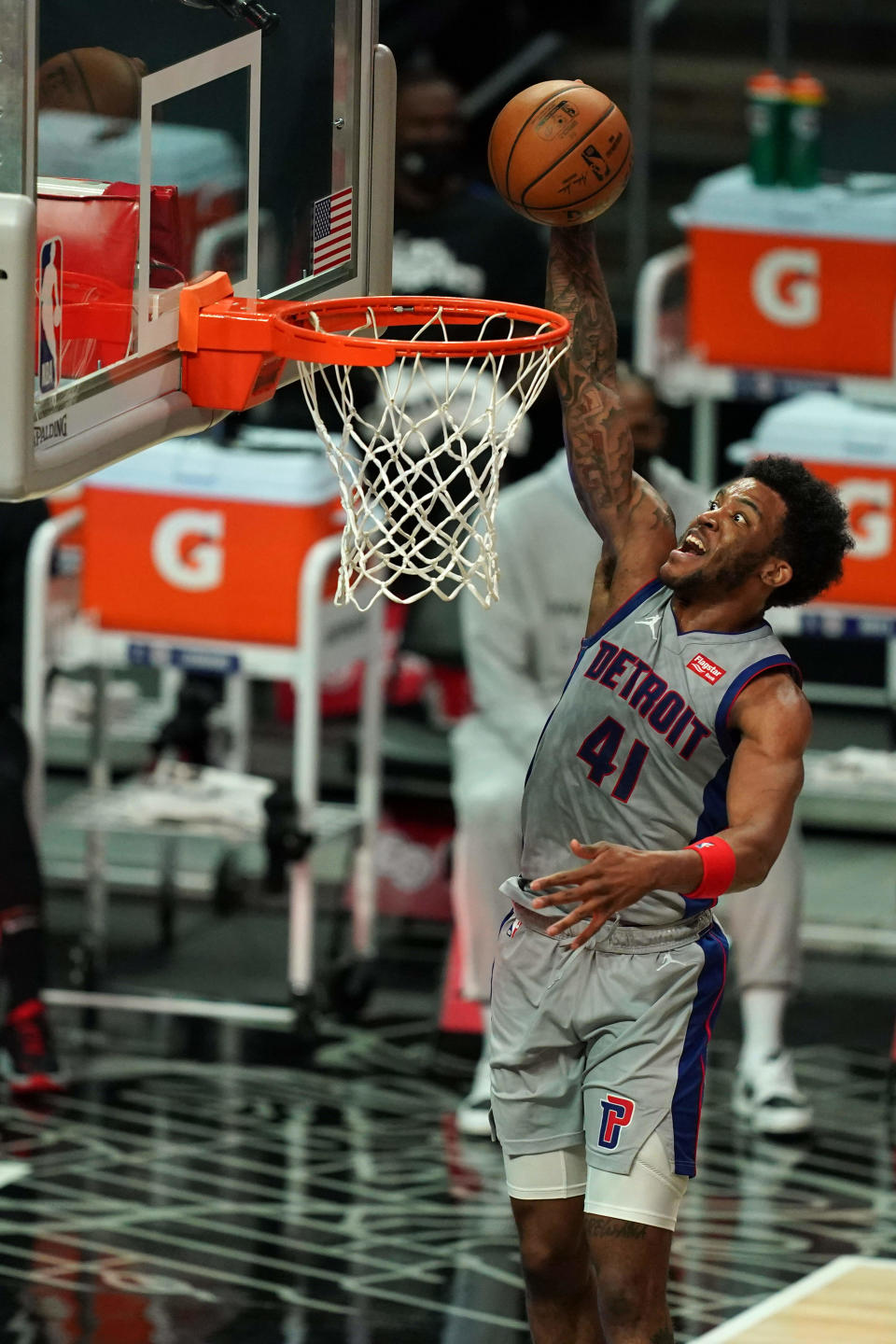 Detroit Pistons forward Saddiq Bey (41) dunks the ball against the LA Clippers in the second half April 11, 2021 at Staples Center.