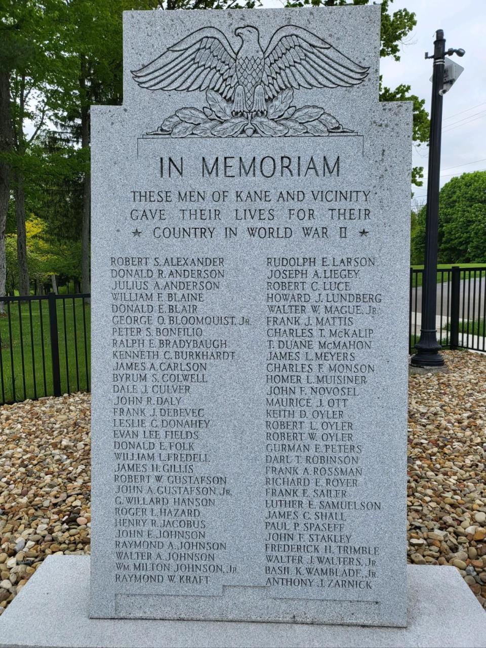 A World War II monument in Kane, Penn., which honors the sacrifices of 58 people from the small area who lost their lives in the war.