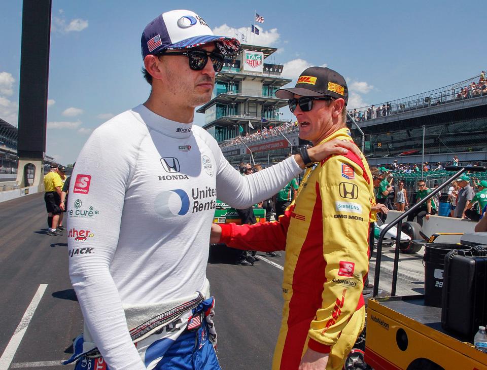 Graham Rahal (15) of Rahal Letterman Lanigan Racing and Ryan Hunter-Reay (28) of Andretti Autosport before their qualifying run for the Indianapolis 500 at the Indianapolis Motor Speedway on Saturday, May 18, 2019.