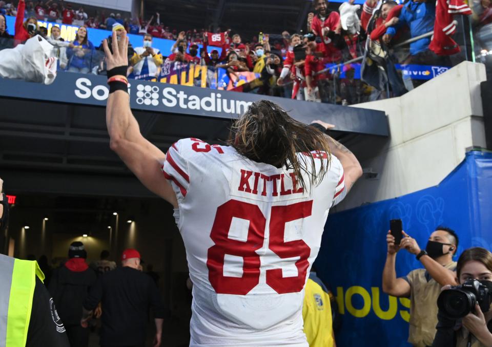 George Kittle celebrates after the 49ers' Week 18 win at SoFi Stadium.