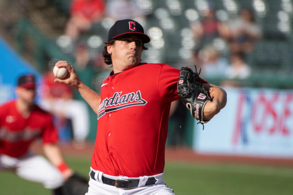 Guardians starting pitcher Cal Quantrill delivers against the Kansas City Royals during the first inning in Cleveland, Tuesday, May 31, 2022.
