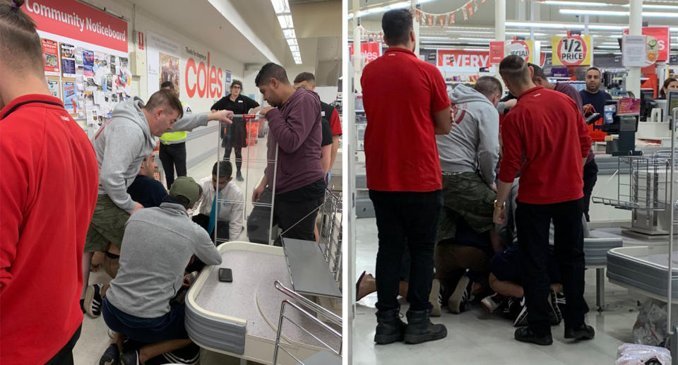 Coles workers and customers seen pinning the man to the ground.