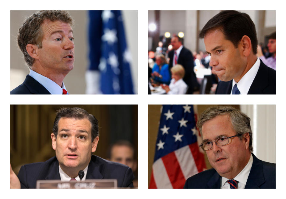 Cuatro de los principales aspirantes republicanos: Paul, Rubio, Cruz y Bush. (AP)