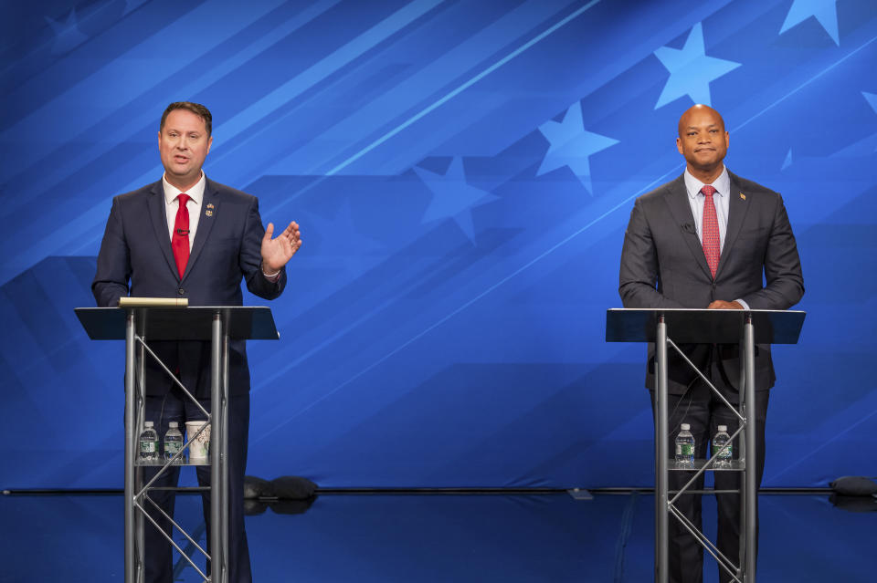 This image released by Maryland Public Television shows gubernatorial candidates Republican Dan Cox, left, and Democrat Wes Moore during a debate, Wednesday, Oct. 12, 2022, in Owings Mills, Md. (Maryland Public Television/Michael Ciesielski via AP, Pool)