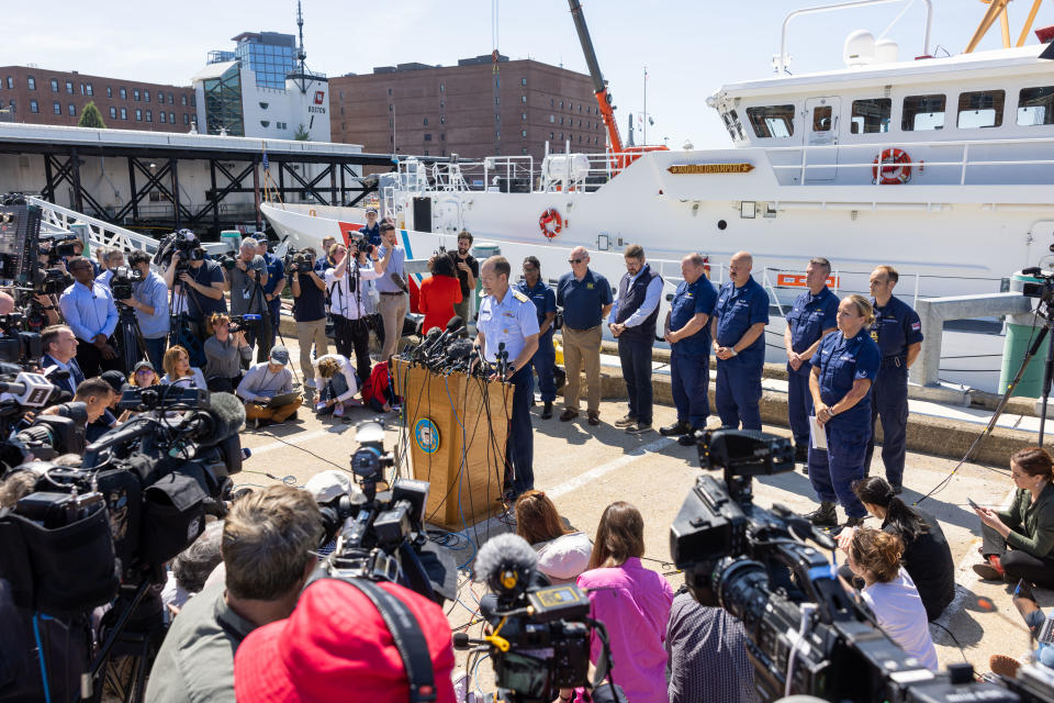 BOSTON, MASSACHUSETTS - JUNE 22:  Rear Adm. John Mauger, the First Coast Guard District commander, gives an update on the search efforts for five people aboard a missing submersible approximately 900 miles off Cape Cod, on June 22, 2023 in Boston, Massachusetts. Remnants believed to be of the Titan submersible were found approximately 1,600 feet from the bow of the Titanic on the sea floor, according to the US Coast Guard, and all five occupants are believed to be dead. (Photo by Scott Eisen/Getty Images)