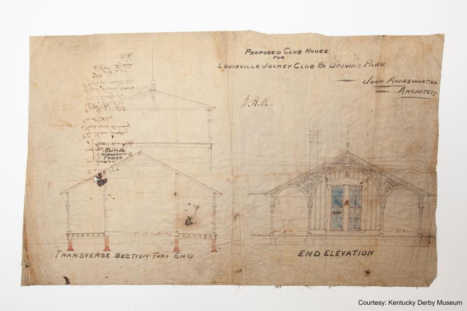 The newly formed Louisville Jockey Club and Driving Park Association hired the prominent Louisville architect John Andrewartha to design them an elegant clubhouse for the track. Andrewartha drew up these designs for it, using a popular Victorian style called “Carpenter Gothic."