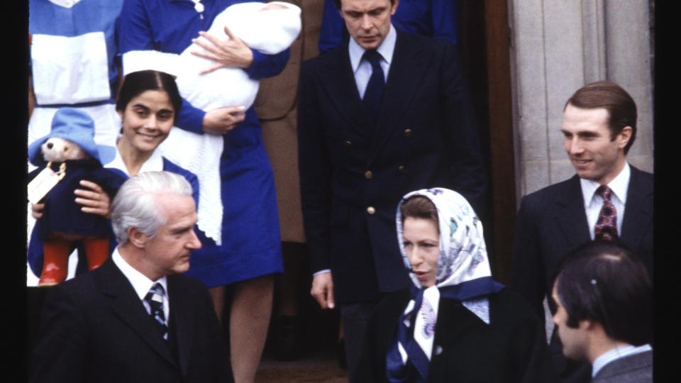 Princess Anne and her husband Mark Phillips leave a London hospital with their newborn son Peter.