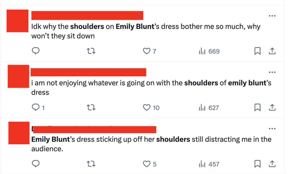 Twitter users comment on Emily Blunt's dress with distinctive shoulders, including "Idk why the shoulders on Emily Blunt's dress bother me so much, why won't they sit down"