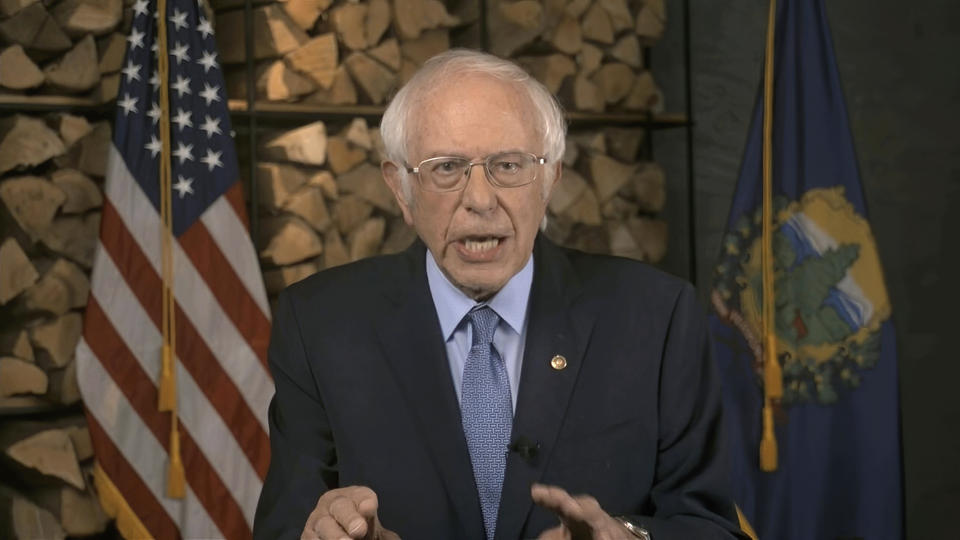 In this image from video, Sen. Bernie Sanders, I-Vt., speaks during the first night of the Democratic National Convention on Monday, Aug. 17, 2020. (Democratic National Convention via AP)