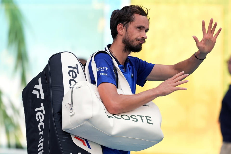 FILE - Daniil Medvedev, of Russia, waves as he walks off the court after losing to Jannik Sinner, of Italy, in a semifinal match at the Miami Open tennis tournament, Friday, March 29, 2024, in Miami Gardens, Fla. (AP Photo/Lynne Sladky, File)