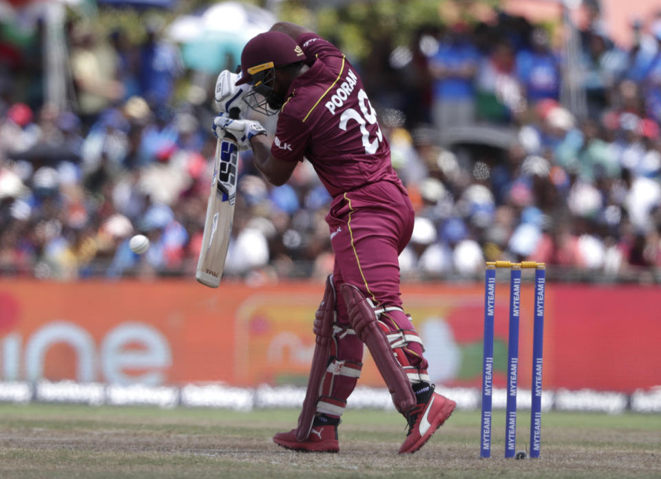 West Indies' Nicholas Pooran bats during the second Twenty20 international cricket match against India, Sunday, Aug. 4, 2019, in Lauderhill, Fla. (AP Photo/Lynne Sladky)