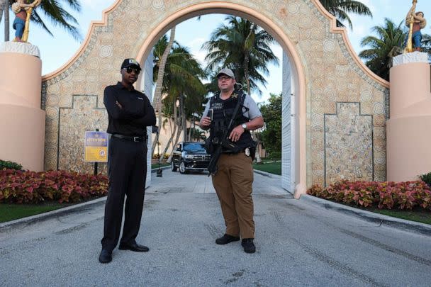 PHOTO: A Secret Service agent and a security officer guard the Mar-a-Lago home of former President Donald Trump, in Palm Beach, Florida, March 31, 2023. (Ricardo Arduengo/Reuters)