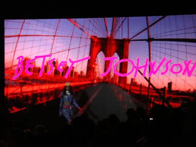 Betsey is an innovator. While most designers just put their name up on the backdrop of the runway, BJ had a digital one that displayed video and made the runway look like a real moving city street. This model is walking over the Brooklyn Bridge!