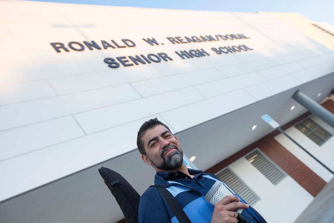 Alvaro Bermudez, a music teacher at Ronald W. Reagan Senior High School in Doral, said he was looking forward to returning to school. Wednesday, Aug. 17, 2022, was the first day of classes for Miami-Dade public schools.