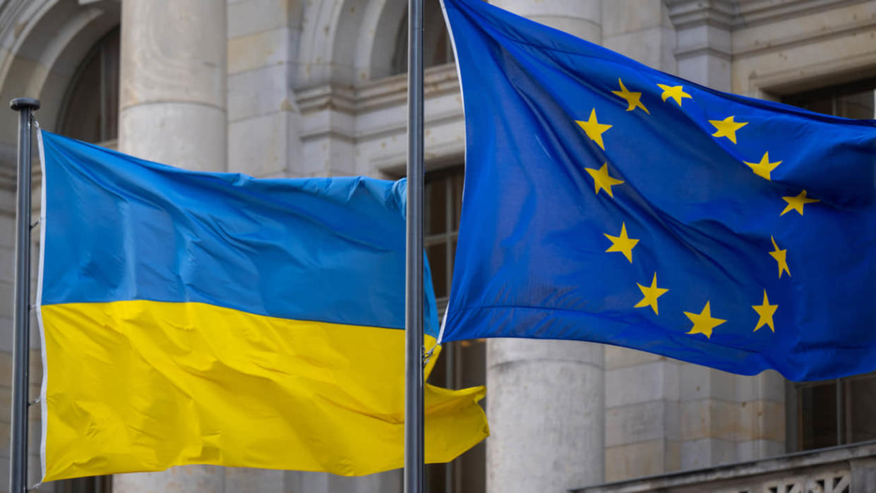 Flags of the EU and Ukraine. Stock photo: Getty Images