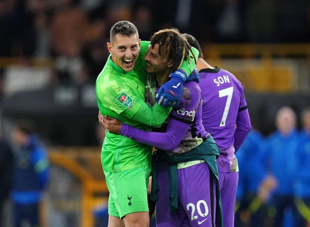 Pierluigi Gollini and Dele Alli celebrate Tottenham's win