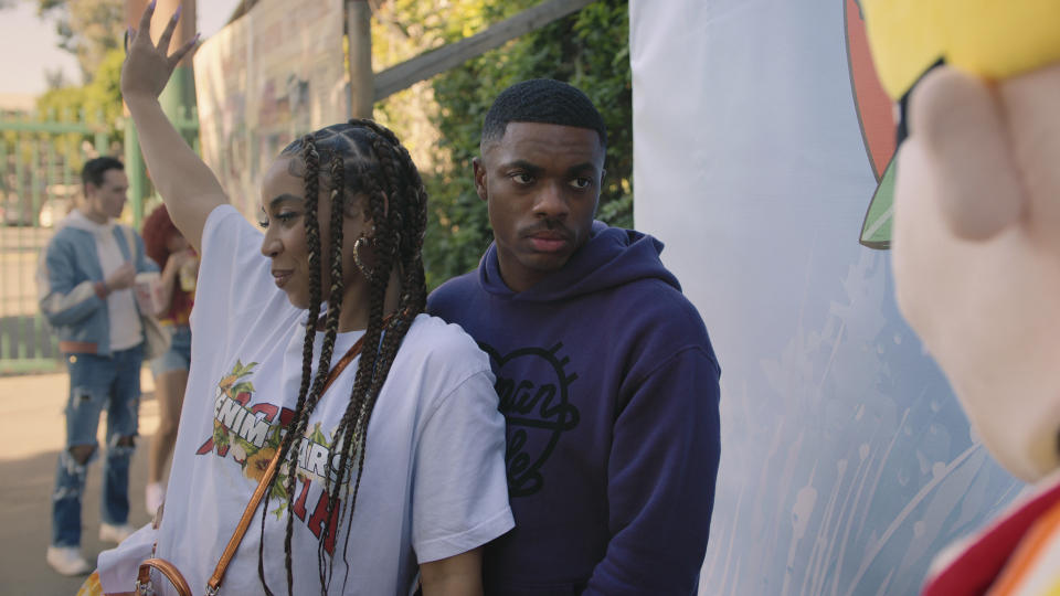 This image released by Netflix shows Andrea Ellsworth as Deja and Vince Staples as Vince Staples in an episode of "The Vince Staples Show." (Netflix via AP)