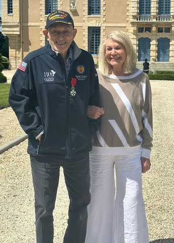 <p>Courtesy of the Terens Family</p> Harold Terens and Jeanne Swerlin in France during D-Day celebrations