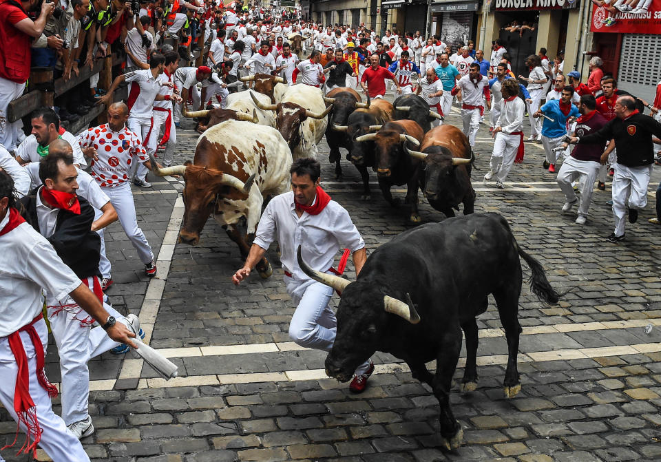 PAMPLONA, SPAIN - JULY 08:  Revellers run with the Tajo and the Reina's fighting bulls entering Estafeta street during the third day of the San Fermin Running of the Bulls festival on July 8, 2015 in Pamplona, Spain. The annual Fiesta de San Fermin, made famous by the 1926 novel of US writer Ernest Hemmingway entitled 'The Sun Also Rises', involves the daily running of the bulls through the historic heart of Pamplona to the bull ring.  (Photo by David Ramos/Getty Images)