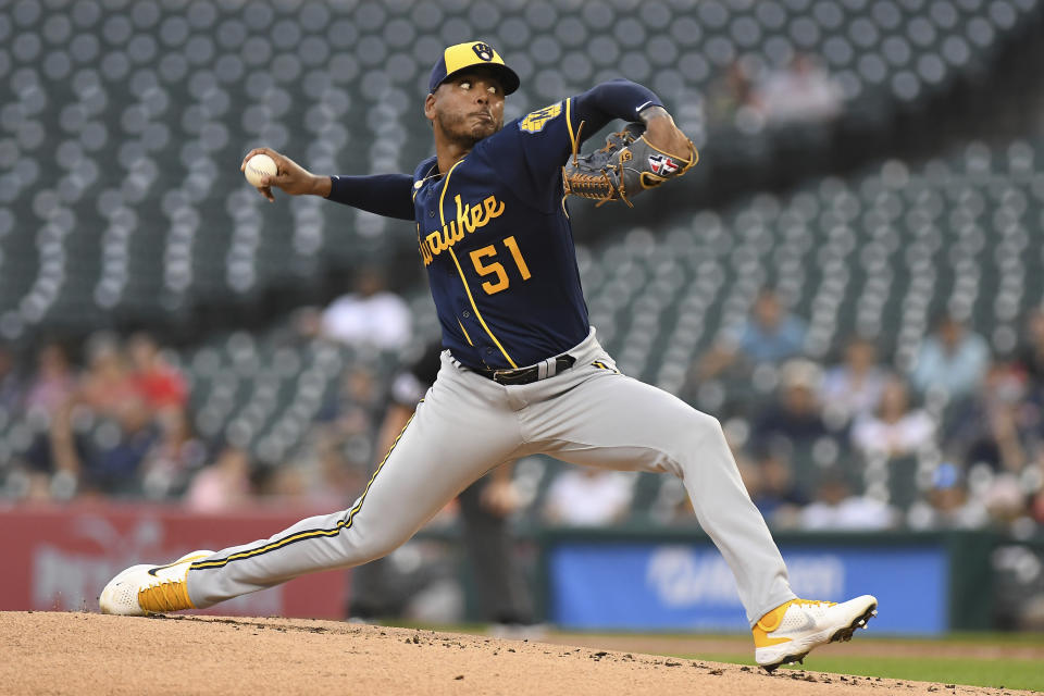 Milwaukee Brewers pitcher Freddy Peralta throws to a Detroit Tigers batter during the first inning of a baseball game in Detroit, Tuesday, Sept. 14, 2021. (AP Photo/Lon Horwedel)