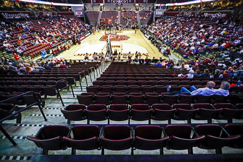 Empty seats at a MSU Lady Bears game at Great Southern Bank Arena on Saturday, Jan. 28, 2023. The Lady Bears are trending toward their lowest average attendance since 1989-90.