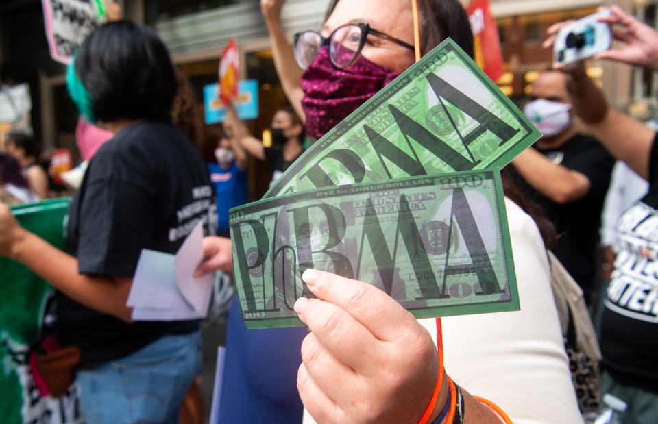 Demonstrators protest pharma companies' lobbying against allowing Medicare to negotiate lower prescription drug prices in Washington, DC, September 21, 2021. (Photo by SAUL LOEB/AFP)