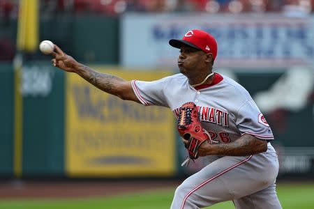 Jul 15, 2018; St. Louis, MO, USA; Cincinnati Reds relief pitcher Raisel Iglesias (26) pitches during the eighth inning against the St. Louis Cardinals at Busch Stadium. Mandatory Credit: Jeff Curry-USA TODAY Sports