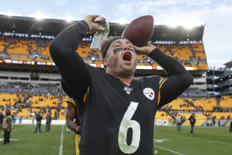 Pittsburgh Steelers quarterback Devlin Hodges (6) celebrates after defeating the Cleveland Browns during in an NFL football game, Sunday, Dec. 1, 2019, in Pittsburgh. (AP Photo/Don Wright)