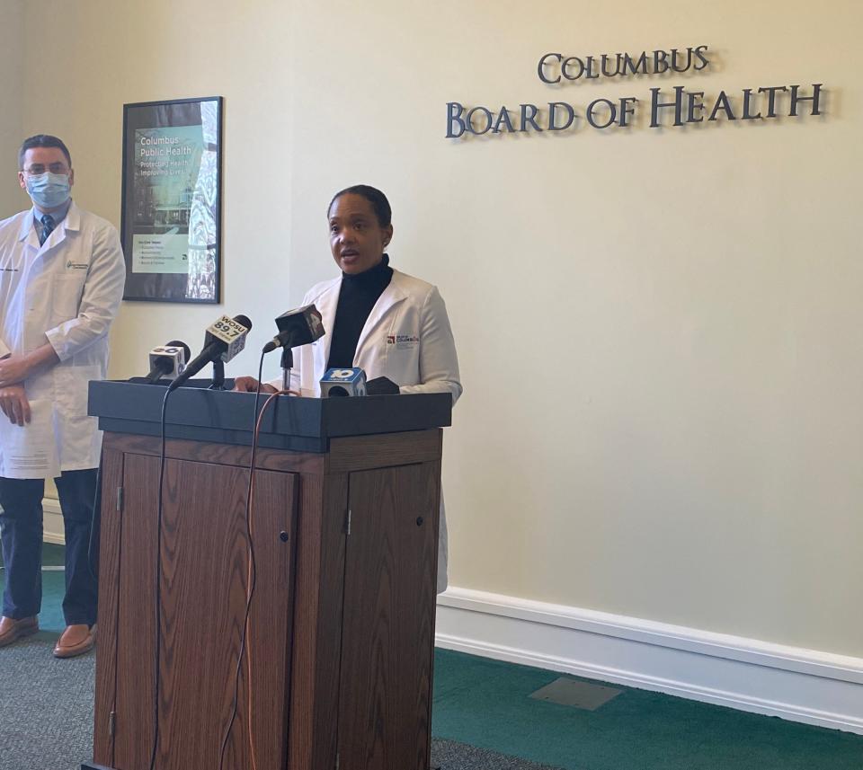 Columbus Public Health Commissioner Dr. Mysheika Roberts speaks at a news conference Wednesday about a measles outbreak in Columbus. Dr. Matt Washam, an infectious diseases doctor at Nationwide Children's Hospital, also spoke.