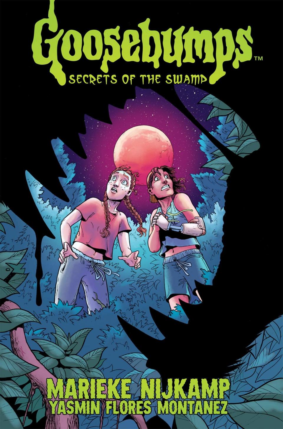 The cover for Goosebumps Secrets of the Swamp shows two girls in the shadow of a werewolves jaw looking scared! 